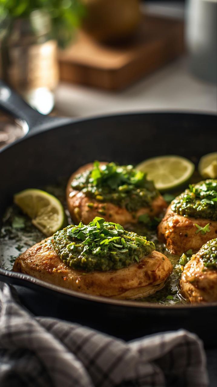 15 minute salsa verde chicken cooked in a skillet and topped with fresh cilantro for an easy weeknight dinner