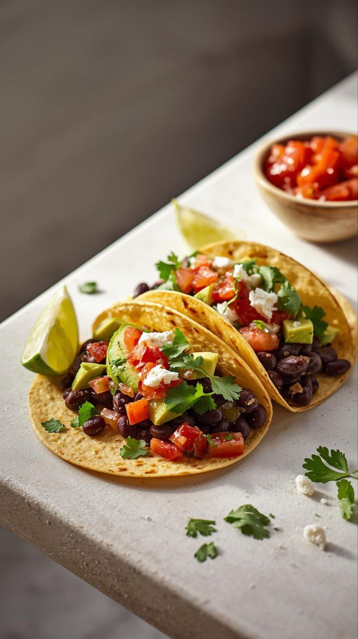 Black bean tacos filled with avocado, pico de gallo, cilantro, and lime on a light kitchen counter.