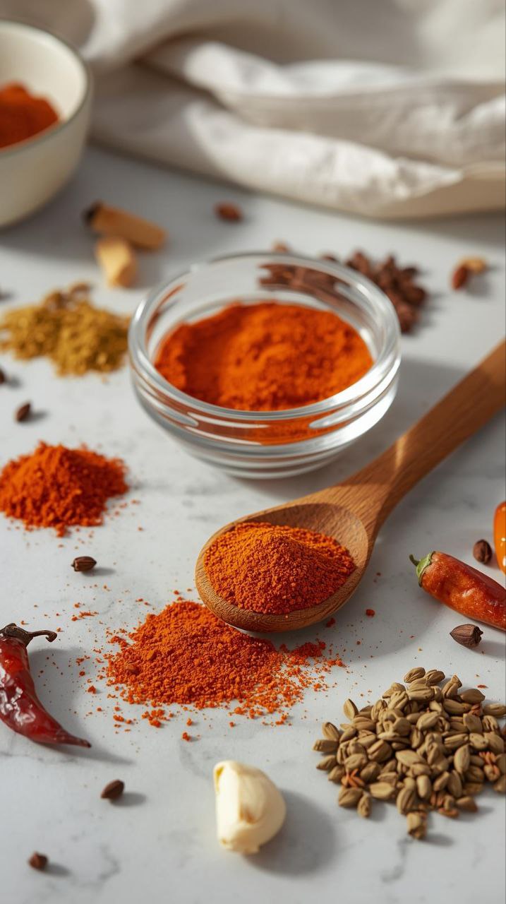 Homemade taco seasoning blend in a small glass bowl with paprika, cumin, and chili powder.