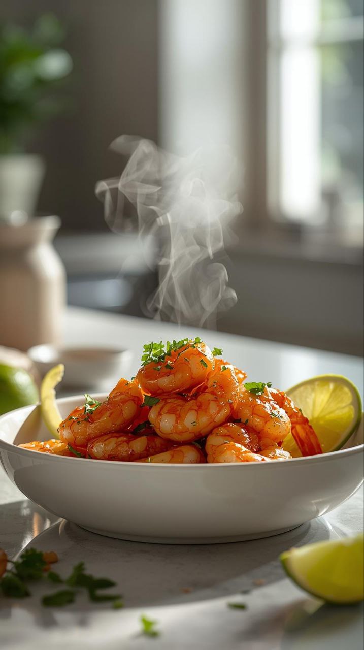 Honey lime shrimp coated in a glossy citrus glaze and garnished with fresh cilantro and lime wedges.