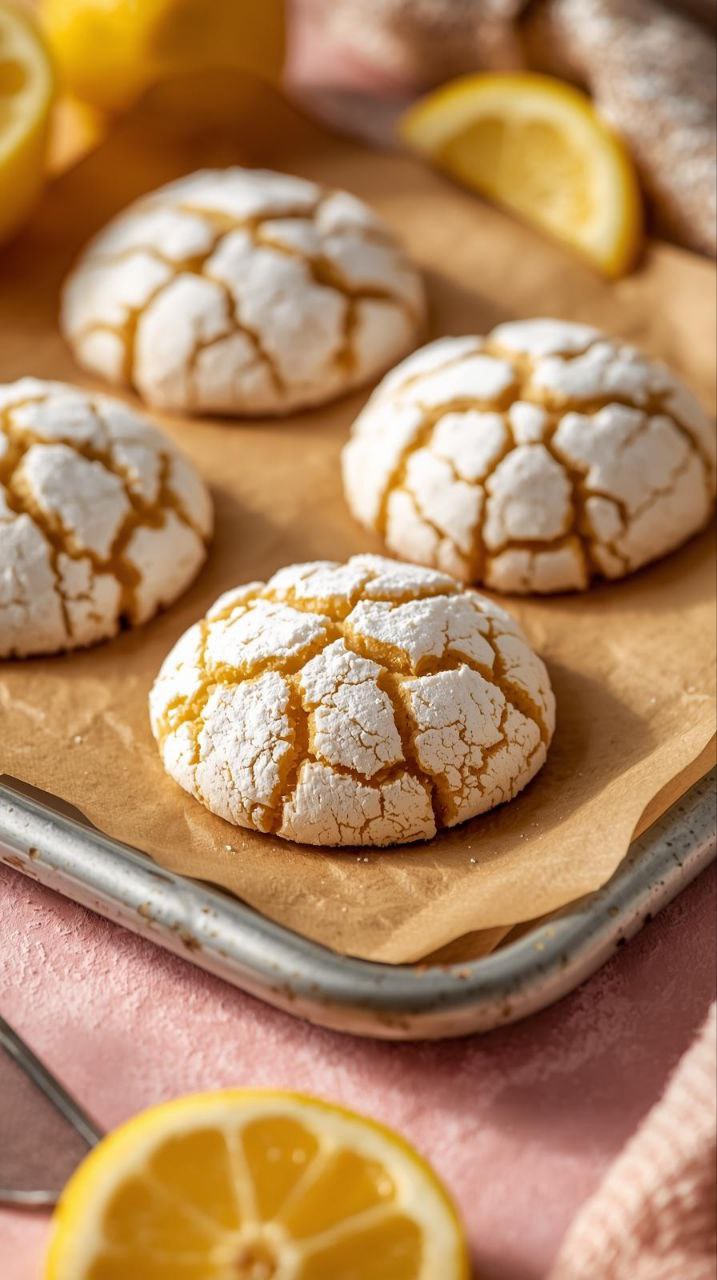 Soft lemon crinkle cookies coated in powdered sugar with cracked tops on a baking tray