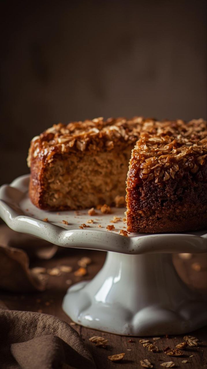 Old fashioned oatmeal cake with moist texture and caramelized coconut topping