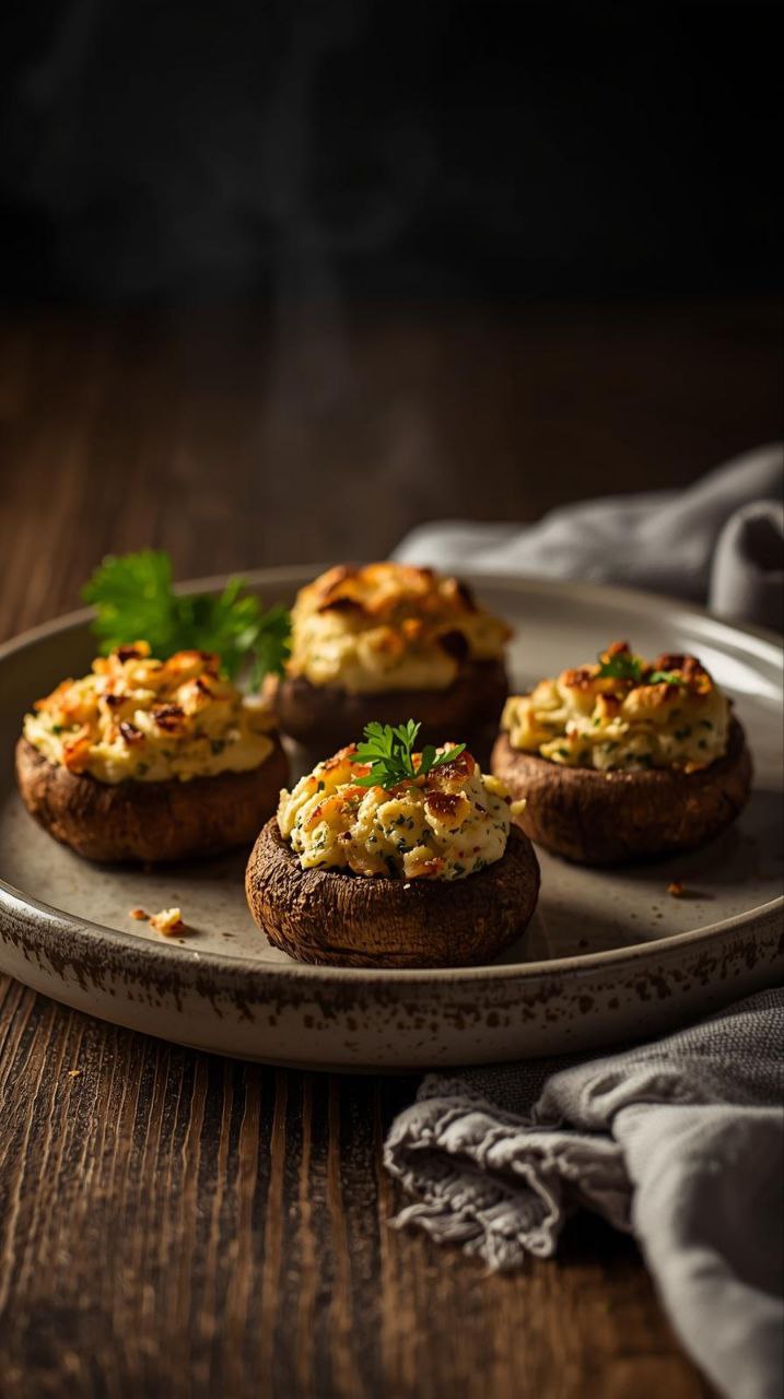 Golden baked stuffed mushrooms filled with creamy herb cheese on a rustic plate.