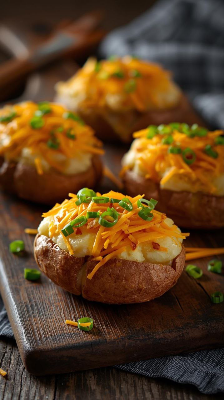 Twice baked potatoes with crispy skin and fluffy cheesy filling topped with green onions