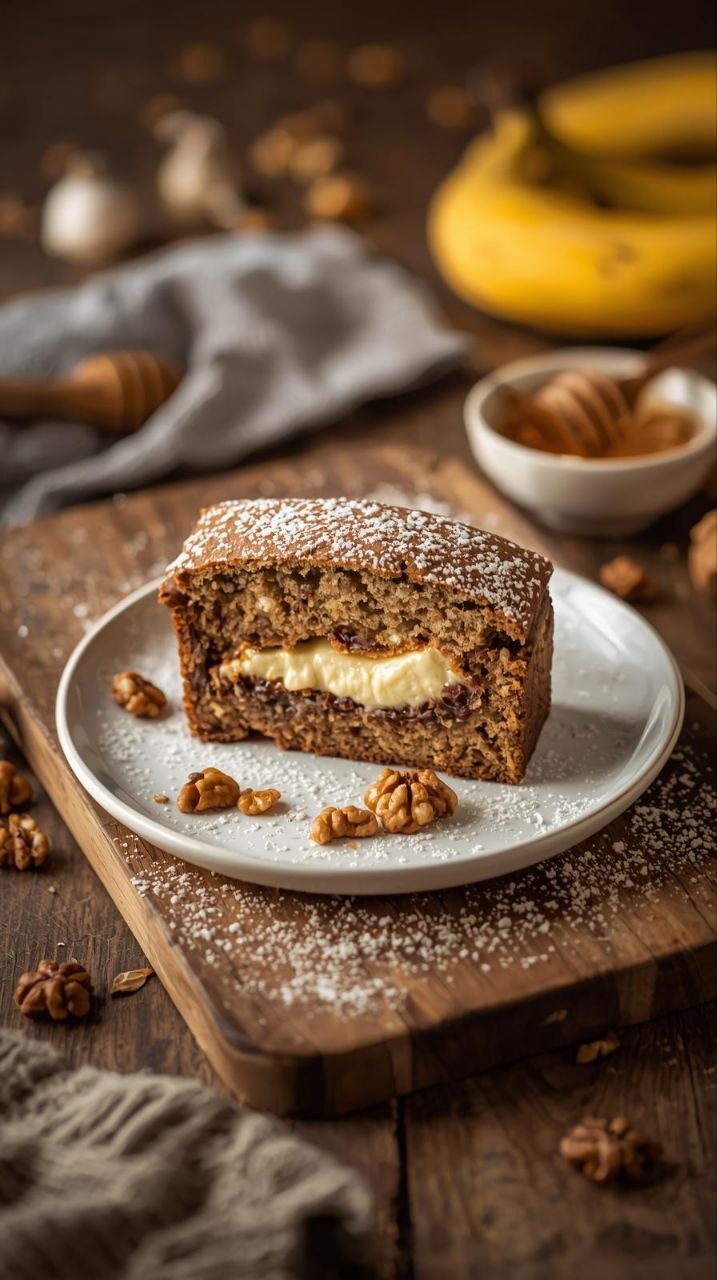 Slice of banana bread with creamy cream cheese filling, dusted with powdered sugar and walnuts.