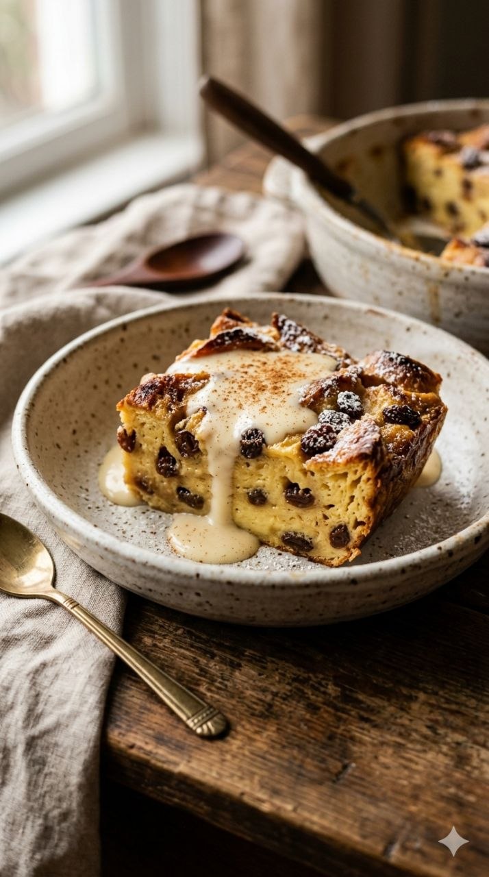 Warm bread pudding slice with raisins and vanilla cream sauce.