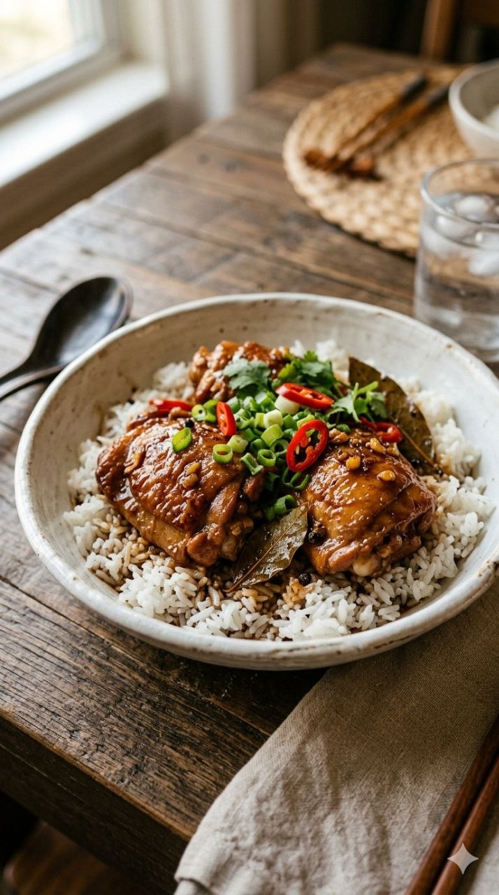 Chicken adobo with rice, green onions, and chili slices.
