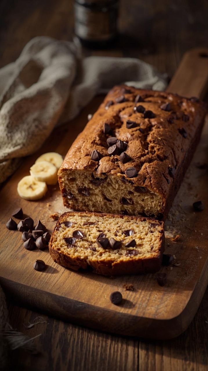 Chocolate chip banana bread loaf with melty chocolate chips and fresh banana slices.