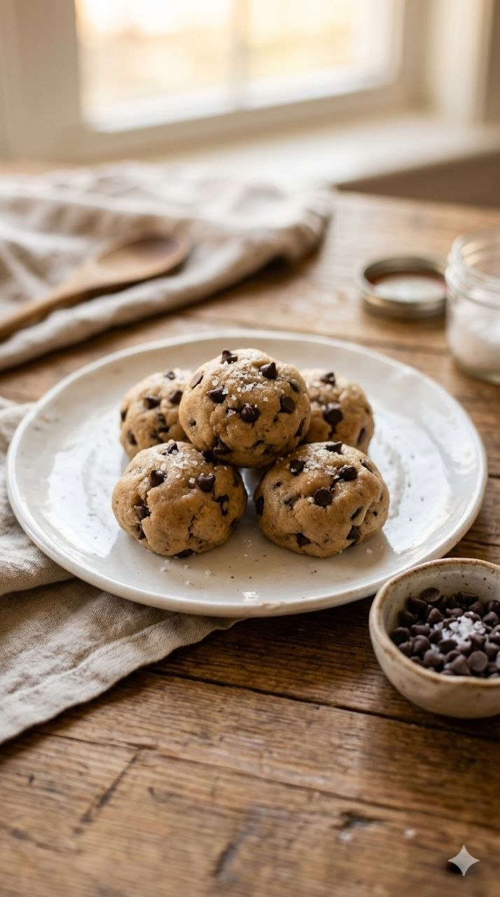 No-bake chocolate chip cookie dough bites with sea salt.