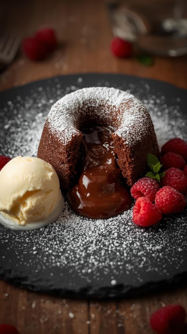 Chocolate lava cake with molten center, vanilla ice cream, and fresh raspberries.