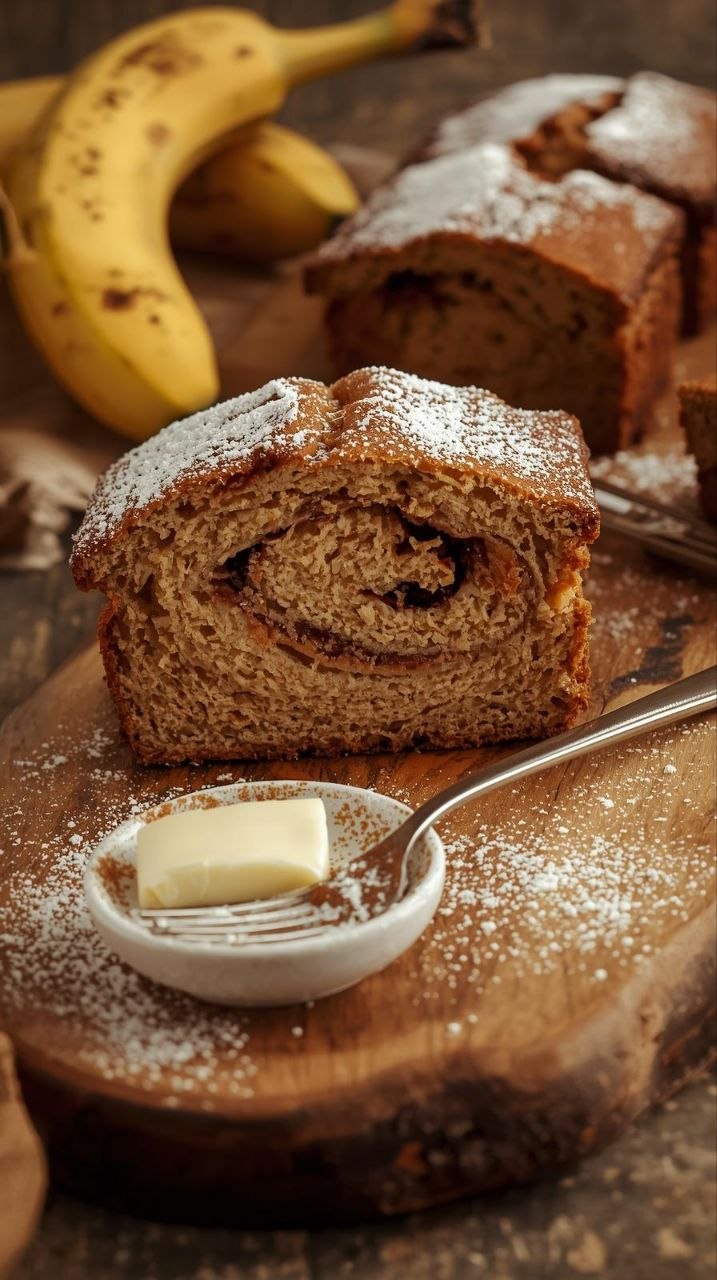 Moist cinnamon swirl banana bread slice with a dusting of powdered sugar and melting butter.