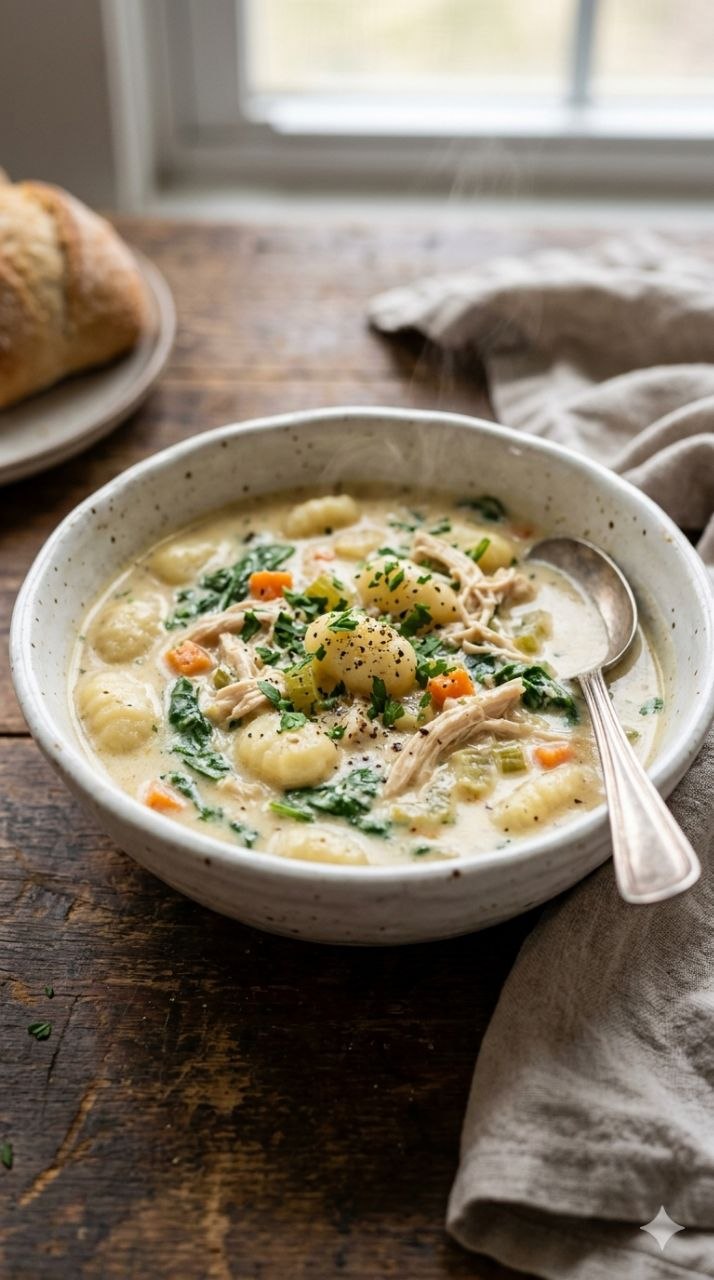 Creamy chicken gnocchi soup with spinach and carrots.