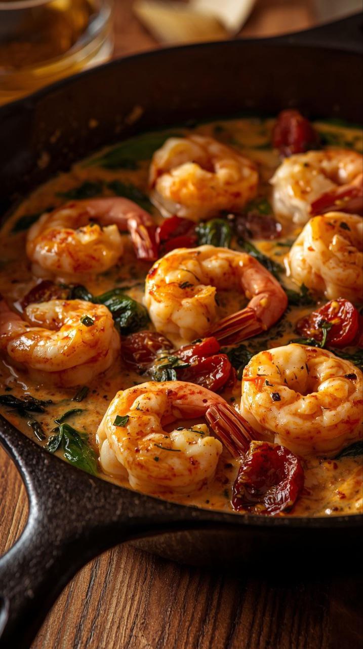 A close-up shot of a Creamy Tuscan Shrimp Skillet in a cast-iron pan, featuring sun-dried tomatoes and spinach.