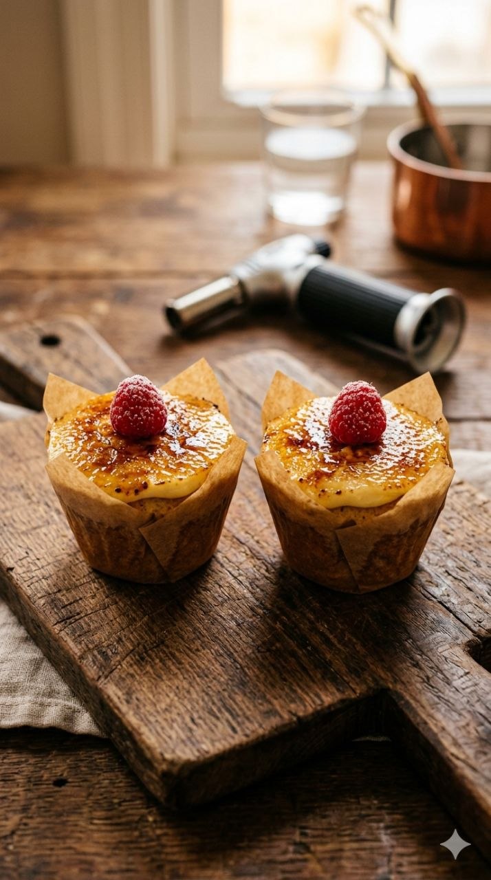 Creme brulee cupcakes with torched sugar crust and raspberry.