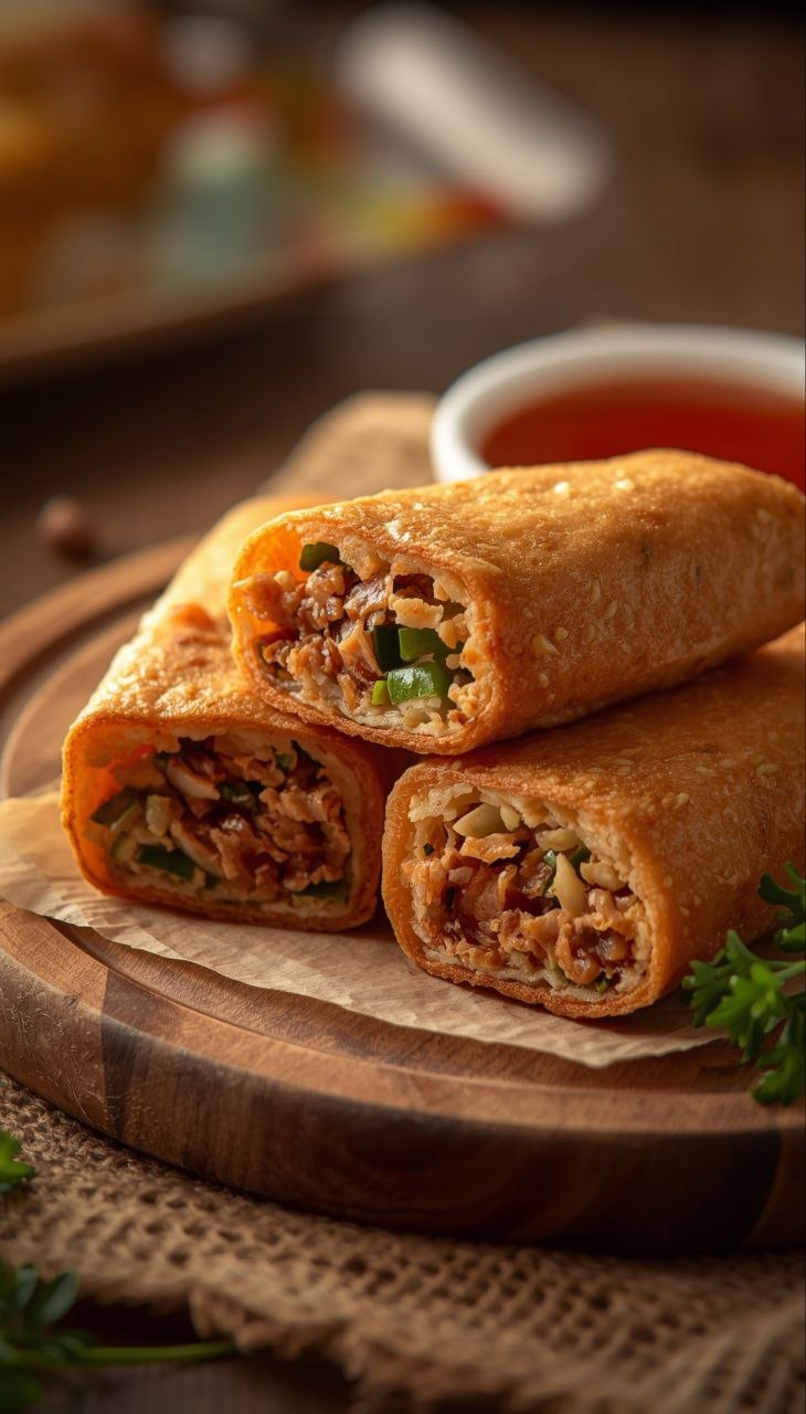 Crispy egg rolls cut in half with sweet chili sauce on a wooden board.