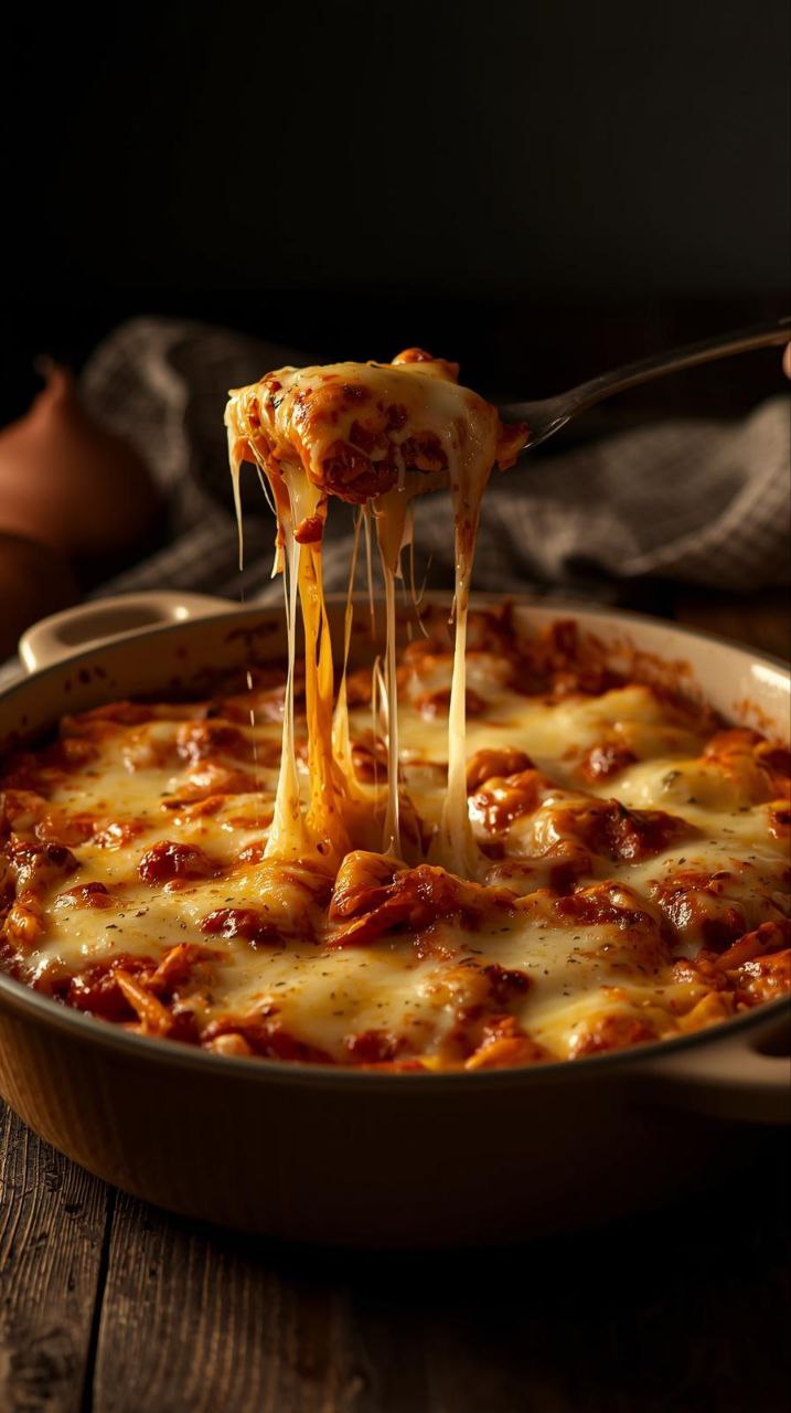 A delicious baked ziti dish with bubbling melted mozzarella and marinara sauce in a ceramic baking dish.
