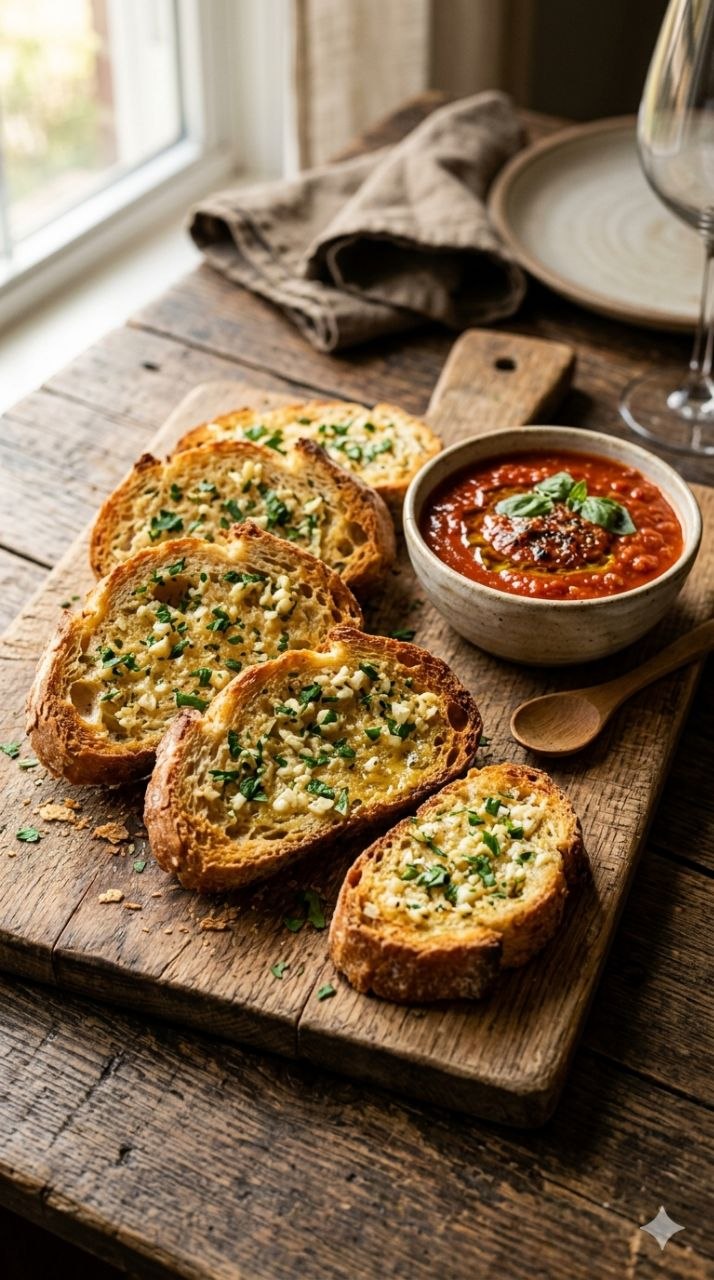 Crispy garlic bread slices with marinara sauce and parsley.
