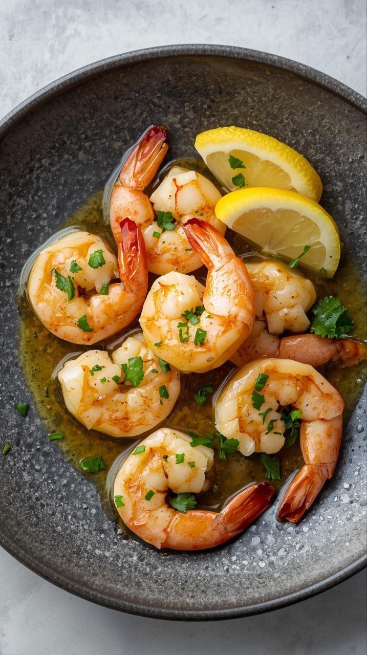 Seared gluten-free garlic shrimp glistening with butter sauce and parsley on a slate plate in a professional studio.
