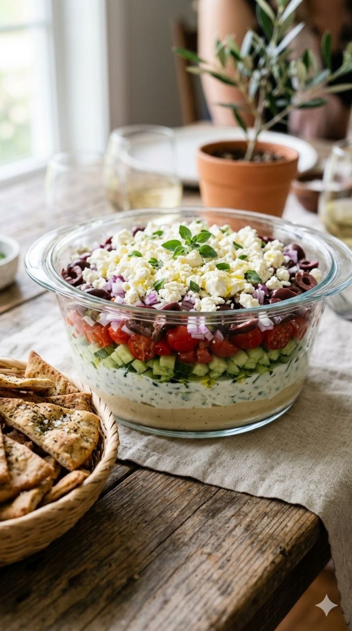Greek seven layer dip with hummus, tzatziki, and pita chips.