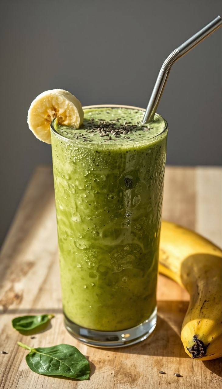 Vibrant green smoothie in a glass with banana slice and chia seeds, fresh spinach beside.