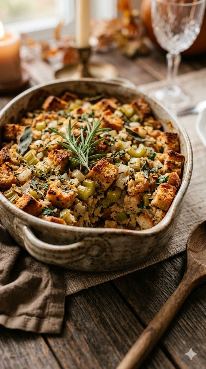 Homemade stuffing with herbs and bread cubes in a baking dish.