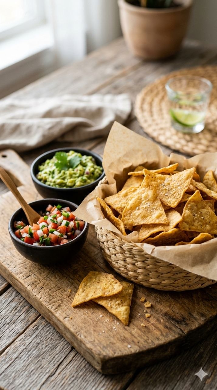 Homemade tortilla chips with salsa and guacamole.