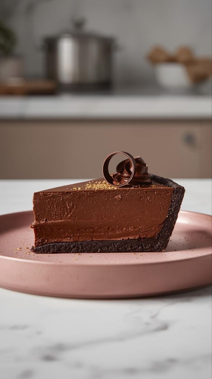 An indulgent slice of No Bake Chocolate Pie with a clean-cut edge and a smooth dark filling on a pink plate, shot in a beauty studio setting.
