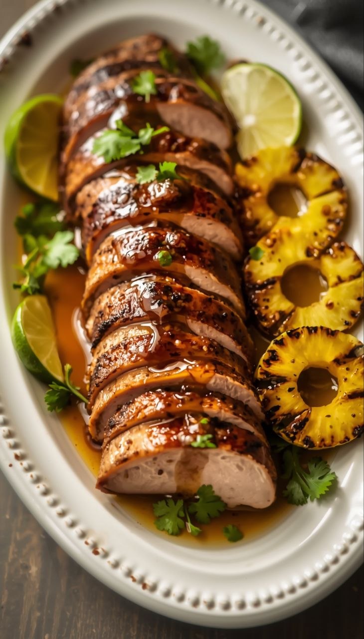 Sliced island pork tenderloin with pineapple glaze, grilled pineapple, and lime wedges.