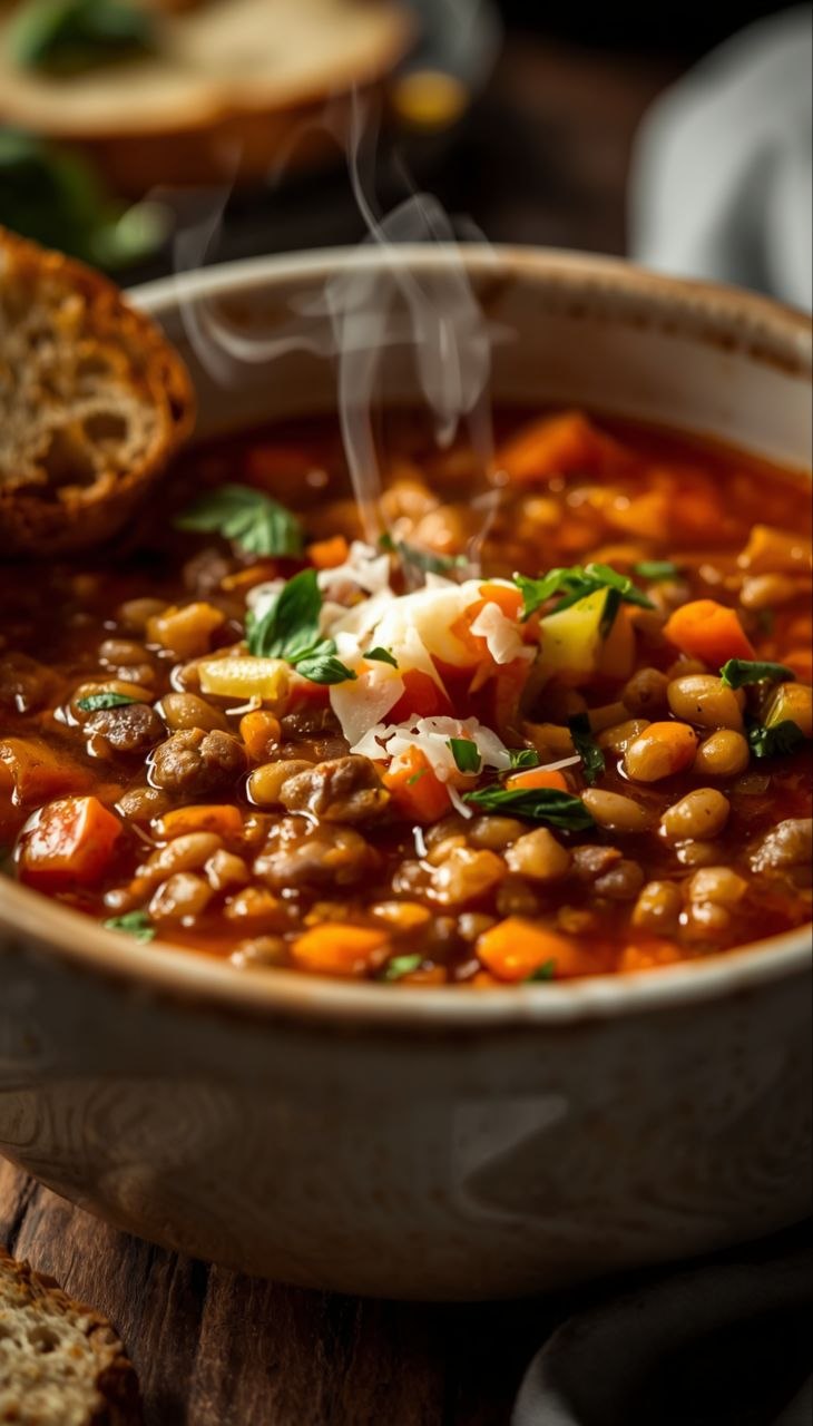 Hearty Italian vegetable lentil soup with Parmesan and crusty bread in a rustic bowl.