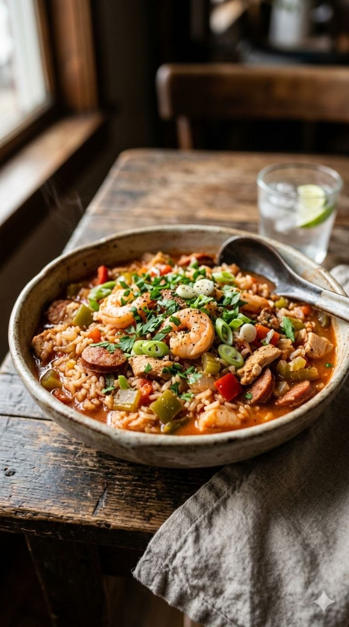Jambalaya with shrimp, andouille sausage, and peppers.