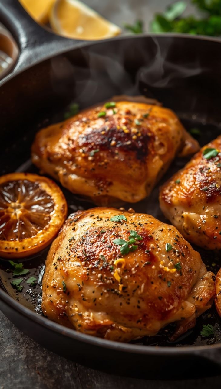 Crispy lemon pepper chicken thighs in a cast iron skillet with caramelized lemon slices and fresh thyme.