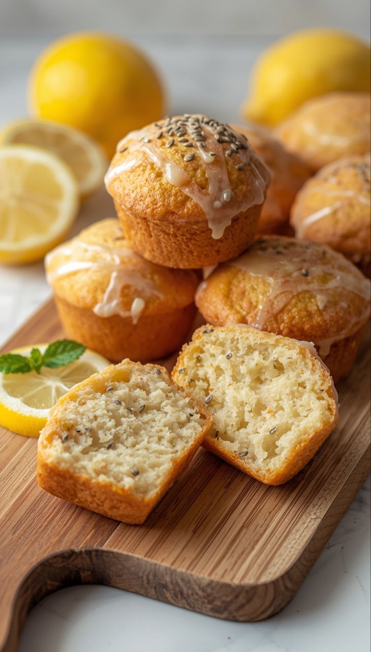 Lemon poppy seed muffins with lemon glaze, fresh lemon slices, and a tender crumb.