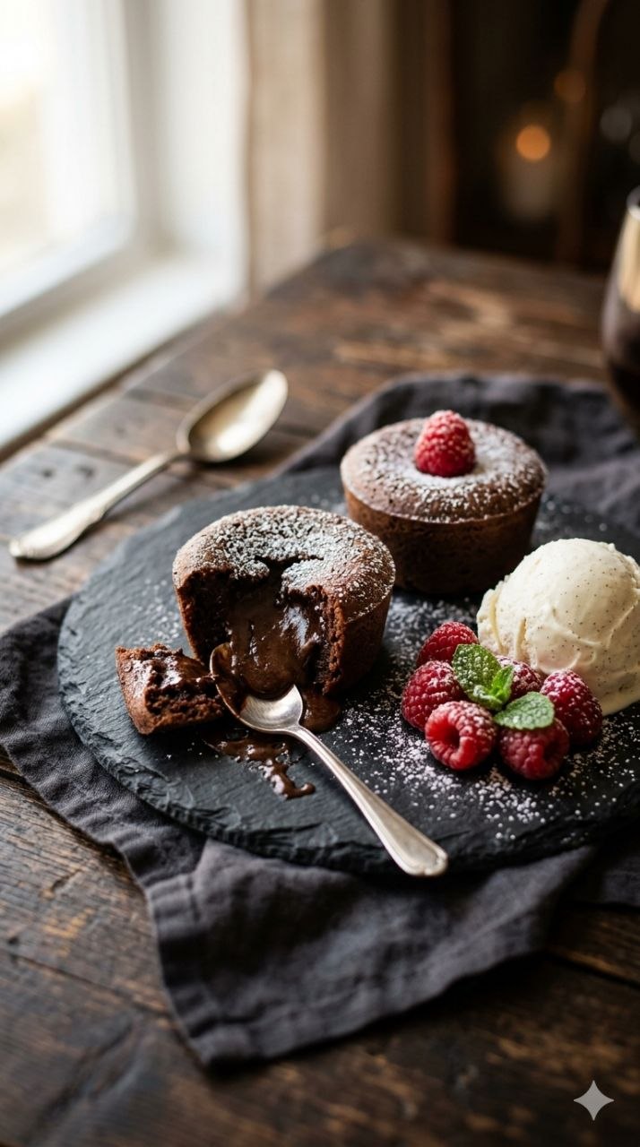 Mini chocolate lava cakes for two with molten center and ice cream.