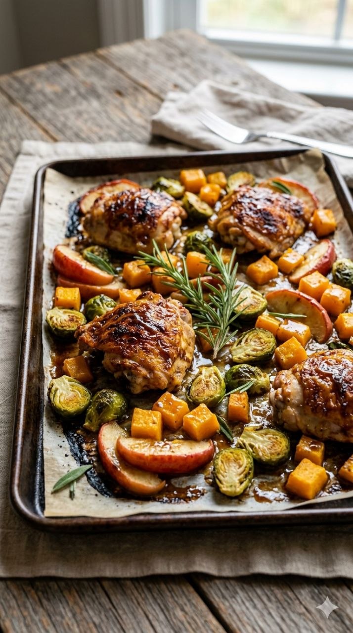 One pan autumn chicken dinner with Brussels sprouts and butternut squash.