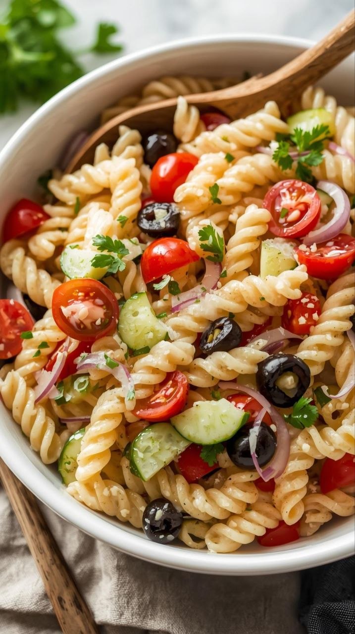 Pasta salad with Italian dressing, cherry tomatoes, olives, and cucumber in a white bowl.