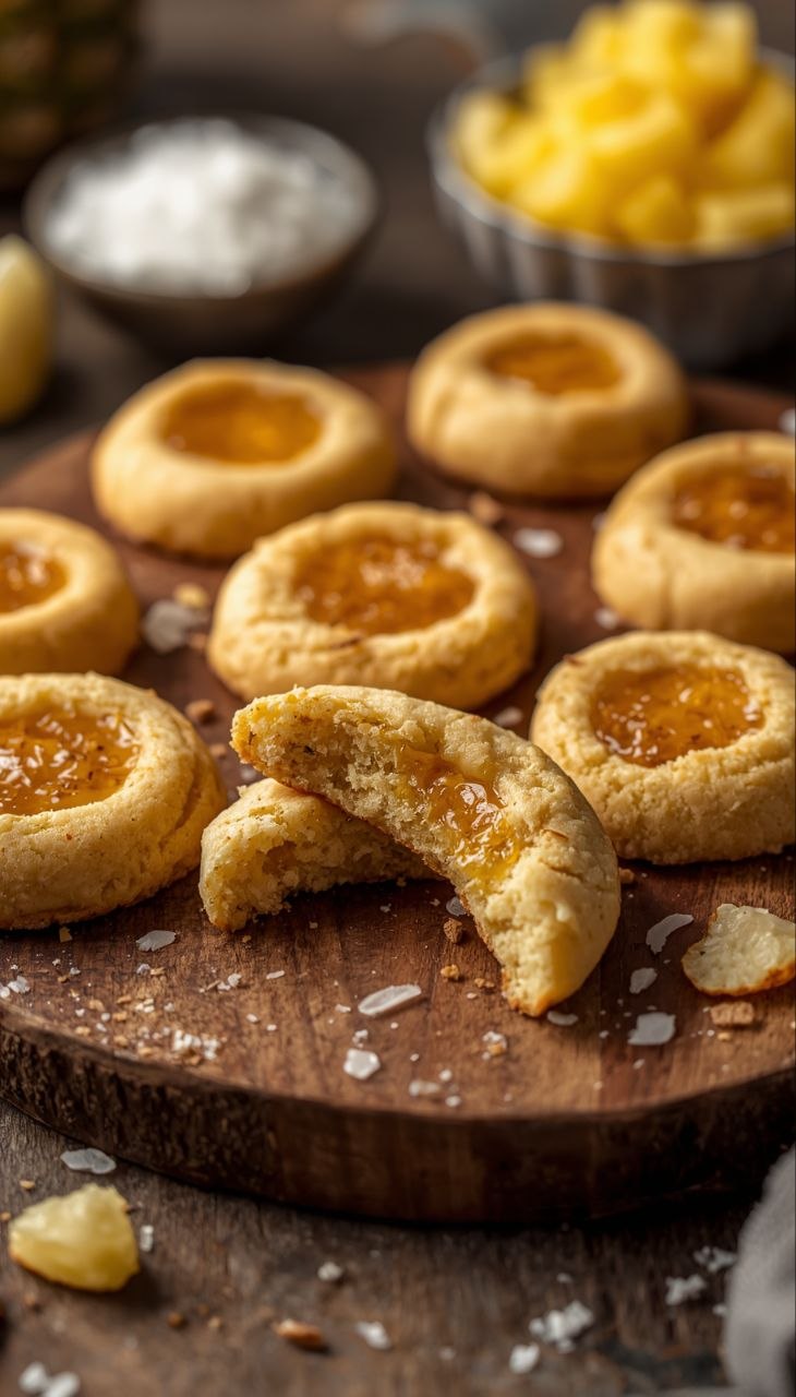 Pineapple coconut thumbprint cookies with pineapple jam and toasted coconut on a rustic board.