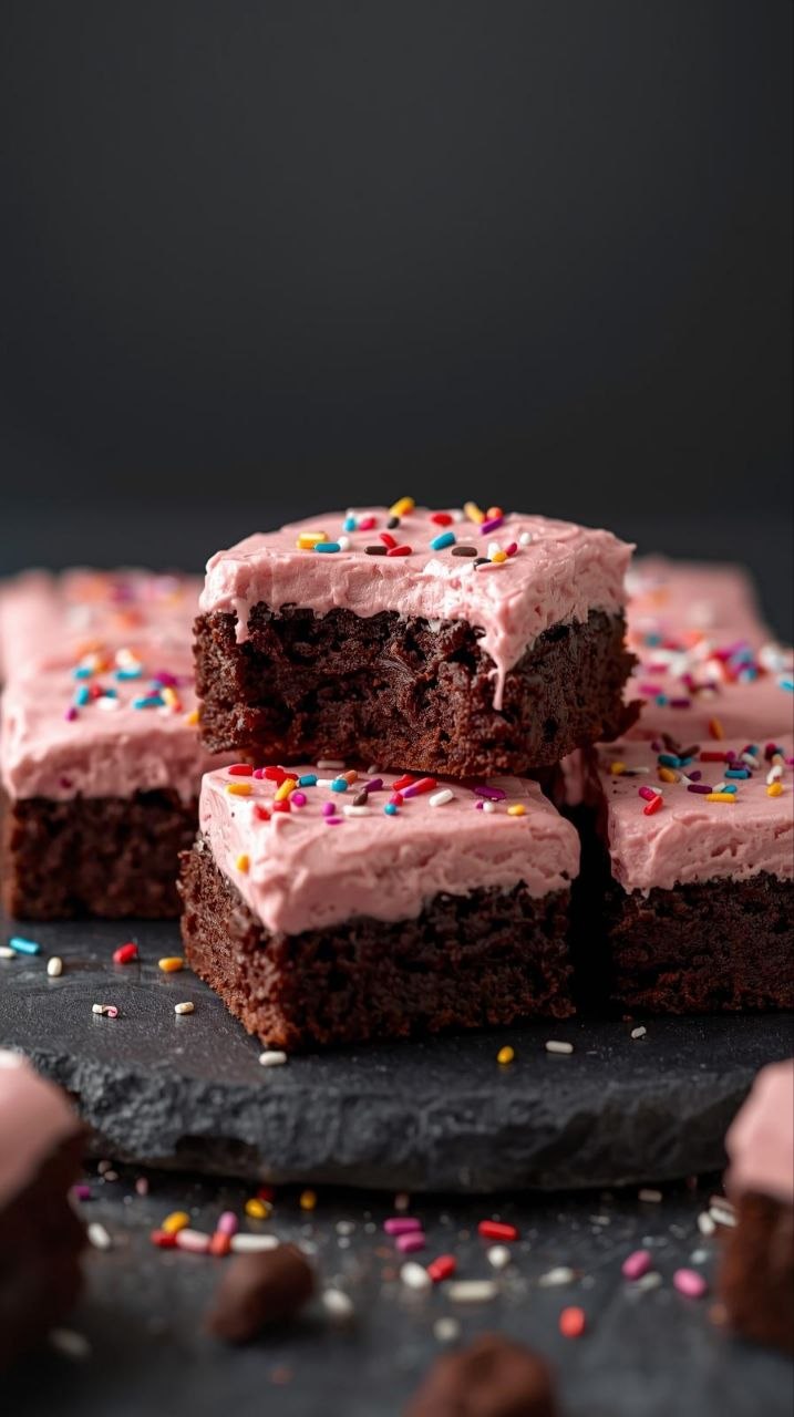 Fudgy brownies with creamy pink frosting and sprinkles, stacked on a slate board.