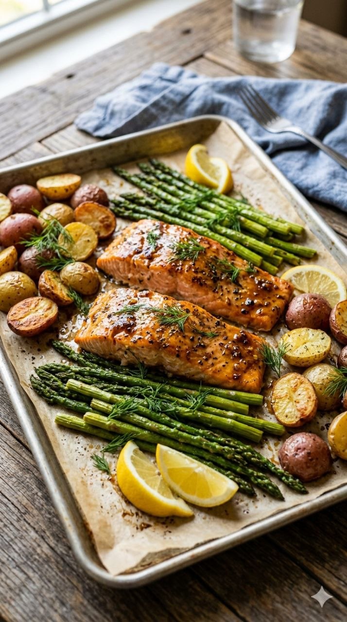 Sheet pan honey mustard salmon with asparagus and potatoes.