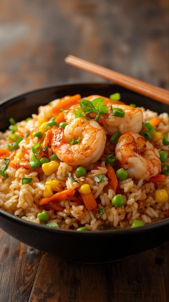 Shrimp fried rice with peas, carrots, and scallions in a black ceramic bowl.