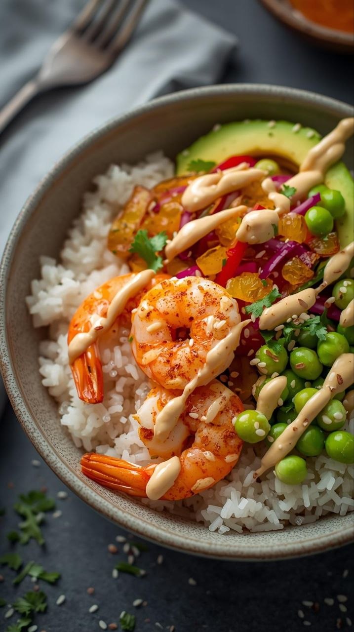 Shrimp rice bowl with avocado, pickled vegetables, edamame, and spicy mayo drizzle.