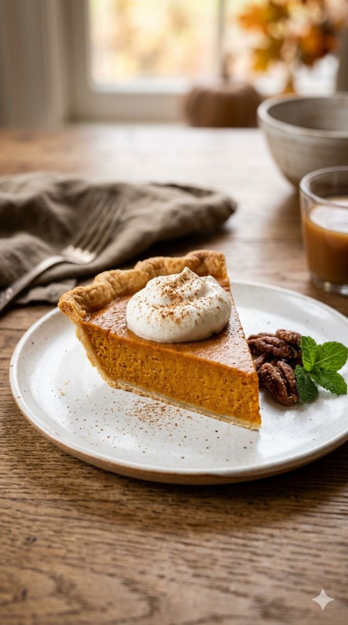 Sweet potato pie slice with whipped cream and cinnamon.