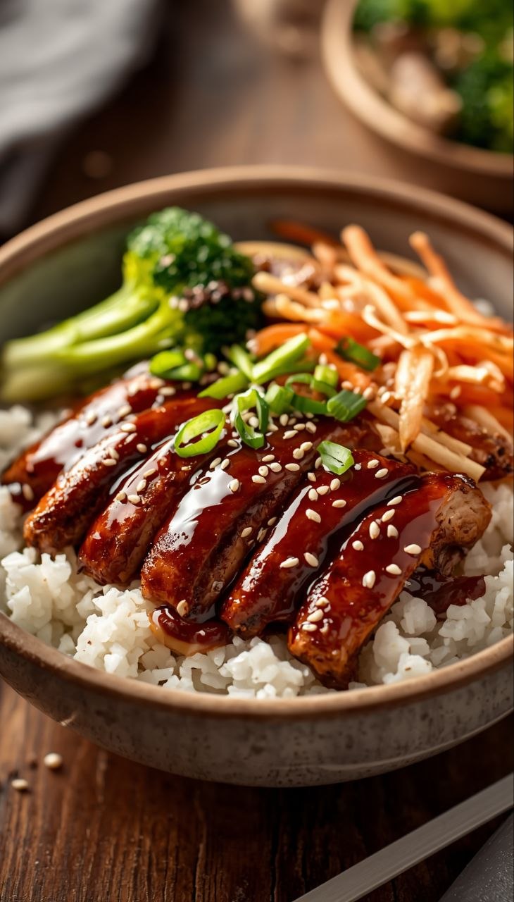 Teriyaki chicken rice bowl with steamed broccoli, carrots, sesame seeds, and green onions.