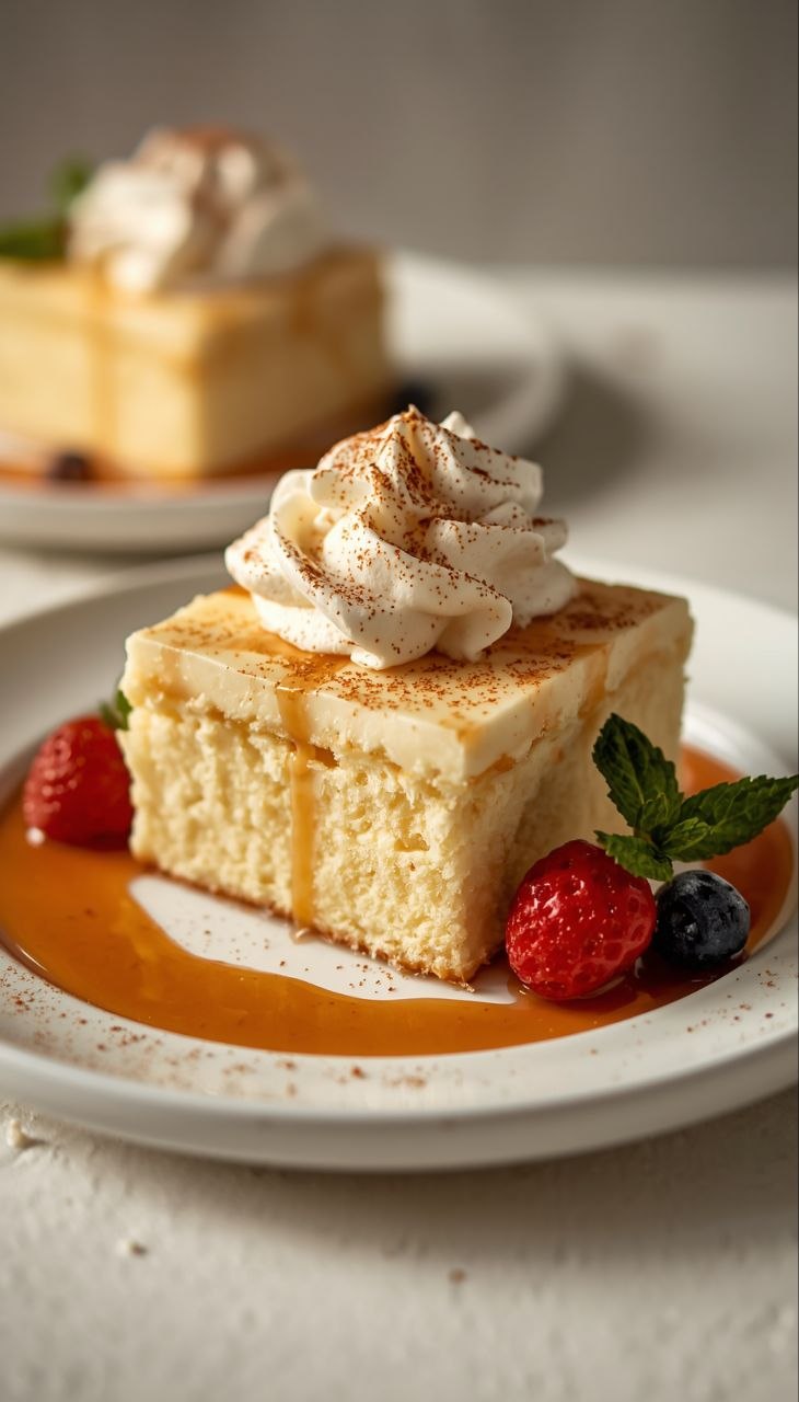 Tres leches cake slice with whipped cream, cinnamon, and dulce de leche on a white plate.