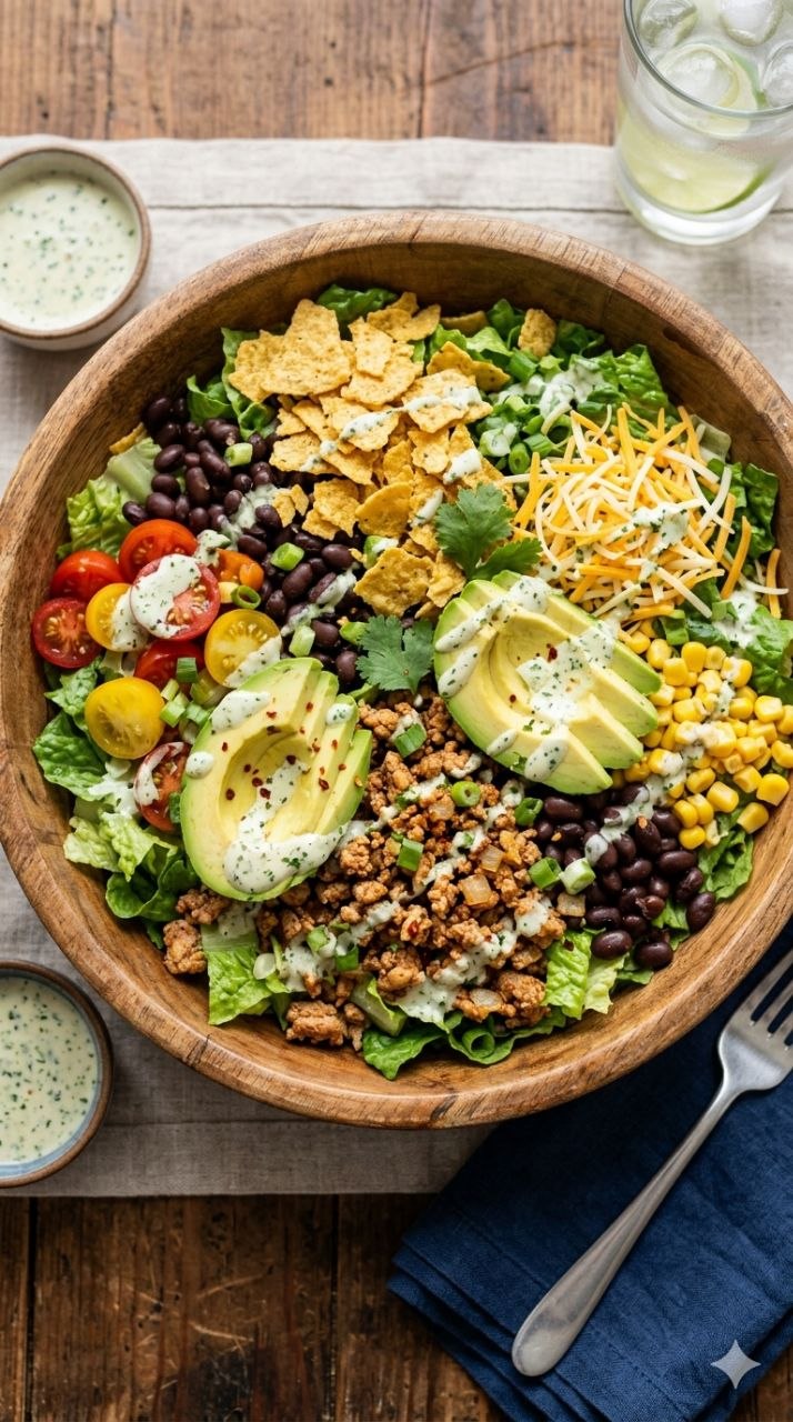 Turkey black bean taco salad with avocado and tortilla chips.