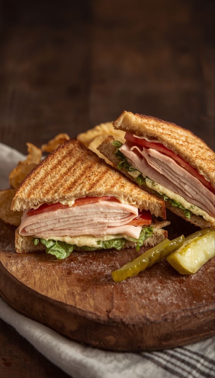 Toasted turkey and cheese sandwich with lettuce, tomato, and chips on a wooden board.